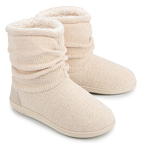 LongBay Women's Warm Slipper Boots Plush Fleece Lining Memory-Foam Cushioning Non-Slip Ladies House Shoes Indoor Outdoor, 5/6 UK, Beige