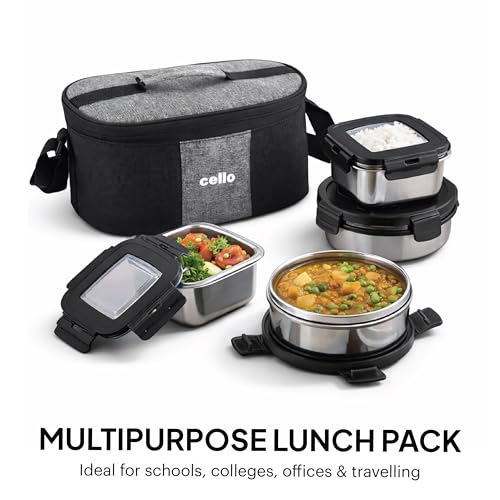 Image of CELLO Duet Set of 4 Pcs Stainless Steel Lunch Box with Bag for Office Use, Black | 2 x 400ml Round, 2 x 400ml Square Steel Containers with Fork & Spoon, Leak Proof Airtight Steel Tiffin Box for Travel