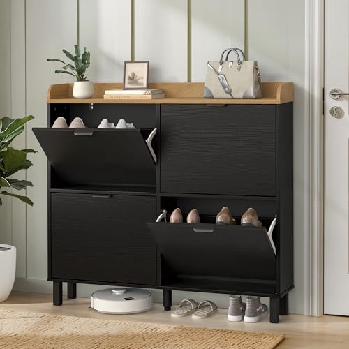 LUE BONA Schuhschrank schmal Schuhschrank mit 4 Flip-Klappen Schuhkipper mit Holzfüßen Schuhregal Geschlossen Shoe Cabinet für Flur Eingang Diele Garderobe 100x91.5x19cm Schwarz