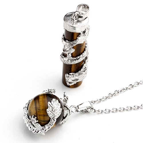 Jovivi 2Pcs Natural Tiger Eye Crystal Dragon Wrapped Round Ball Cylinder Gemstone Healing Crystal Pendant Necklaces Sets For Couples Valentines Day Gifts #TOP1