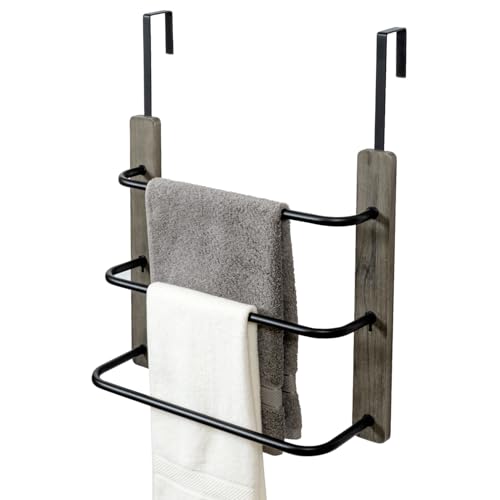 MyGift Over The Door Towel Rack for Bathroom, Vintage Gray Weathered Solid Wood 3 Tier Matte Black Metal Bars, Space Saving Hand Towel Holder, Over Shower Door Towel Drying Rack for Bath Towels