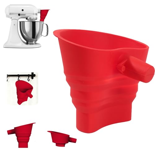 Embudo de harina mejorado para batidora de cocina – Embudo plegable de silicona Kitchenaid para Artisan Ksm150 4.5-5 cuartos de galón, accesorios y accesorios de ayuda de cocina, rojo, 1 unidad