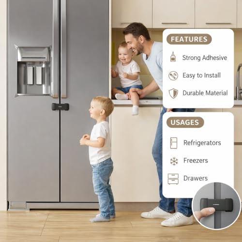 Image of Child Safety Fridge Lock - No Drill Adhesive Lock for French Door & Side-by-Side Refrigerators, Baby Proof EN71-3 Safety Certified, Fits Up to 58mm Gap (Black, 1 Count)