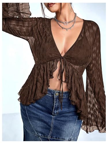 WDIRARA Women's Plus Size Sheer Mesh Tie Front Shirt Sexy Deep V Neck Long Bell Sleeve Tee Tops4