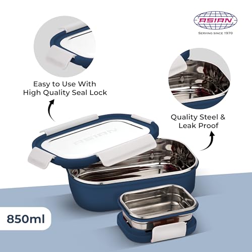 Image of Asian Plastowares - Snack Pack SS Lunch Box | Tiffin Box - Leak-Proof, Airtight | Lunch Box for Kids & Adults | Durable & Spill-Free School, Office, and College Tiffin | Navy Blue