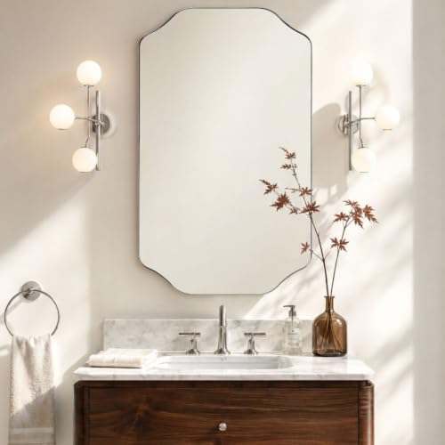 Image of TEHOME Chrome Scalloped Bathroom Mirror, 24x36'' Polished Silver Asymmetrical Bathroom Vanity Mirror for Wall
