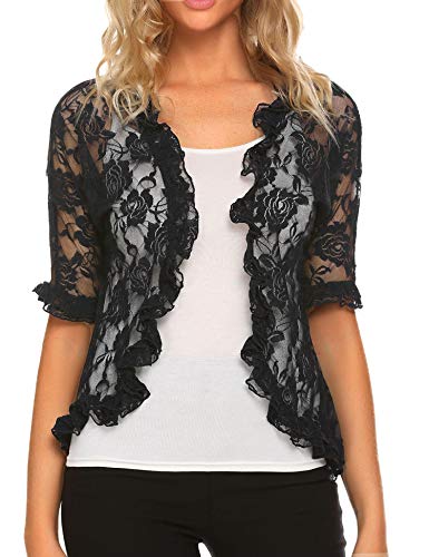 ELESOL Women Chic Short Sleeve Floral Lace Shrug Open Front Bolero Cardigan Black XL