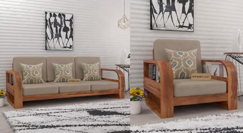 Image of Wooden 4 Seater Sofa Set for Living Room,3- to 4- Person Sofa Sets for Home, 3+1 Seater Sofa Sets for Home, Sheesham Wood (3+1 Seater,Honey)