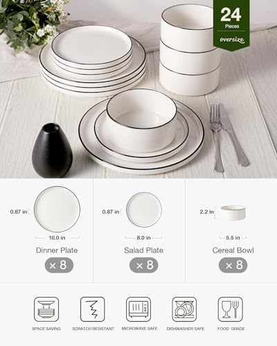 Image of Famiware Porcelain Dinnerware Set, 24-Piece Modern Plate and Bowl Set, dish set for 8, Microwave and Dishwasher Safe Tableware, White with Black Trim