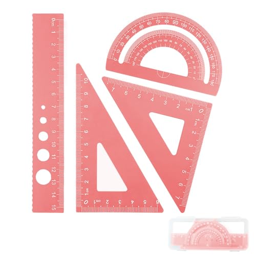 DHWEKU escuadra cartabon y transportador,escuadra y cartabon,Juego de reglas de Metal de 4 piezas,esquinas redondeadas,diseño de seguridad,Kit de geometría matemática para estudiantes y profesore,Rosa