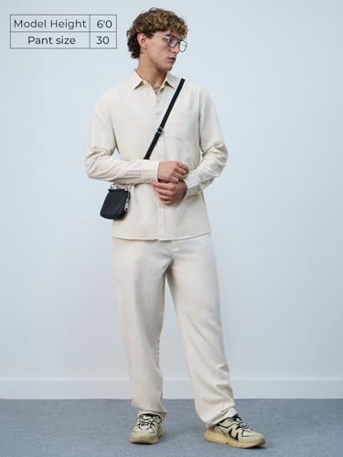 Image of The Souled Store Linen Pants: Men and Boys Drawstringed Solid Straight Fit Summer Ready Lightweight Casual Cotton Linen Pants