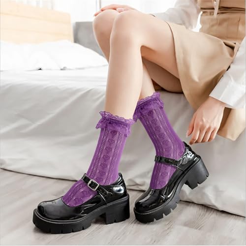 Image of Women Lace Ruffle Socks White Black Frilly Lolita Crew Dress Socks