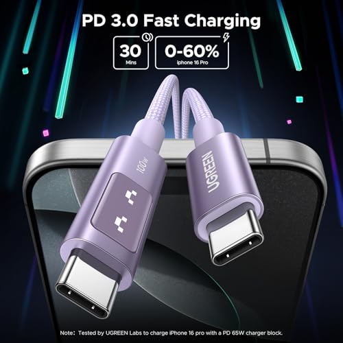 UGREEN Uno USB C to USB C Cable 100W Fast Charging Cable Type C Charging Cord with LED Display for iPhone 17/17 Air/17 Pro/17 Pro Max/16, MacBook Pro/Air, iPad Pro/Air, Galaxy S25 Ultra 6.6FT Purple