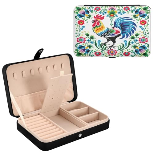 Haskirky Floral Rooster Jewelry Box Portable PU Leather Travel Jewelry Organize for Women Jewelry Storage Display Holder for Ring, Necklace, Earring