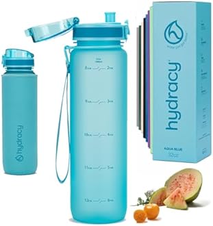 Hydracy Water Bottle with Time Marker -Large 1 Litre BPA Free Water Bottle & No Sweat Sleeve -Leak Proof Gym Bottle with Fruit Infuser Strainer & Times to Drink -Ideal for Fitness Sport & Outdoor