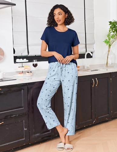 Image of Ekouaer Pajama Sets for Women Round Neck Pjs Short Sleeve Sleepwear with Long Pants Loose Lounge Sets