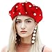 BESTOYARD Beret Pearl Autumn Winter Cashmere Beret Starry Beaded Pearl Rivet Wool Beret (Red), 27x27x1cm