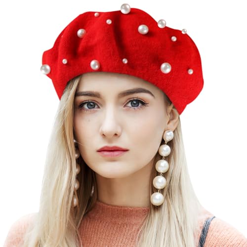 Béret en laine anti-froid style parisien chic avec perles pour femme