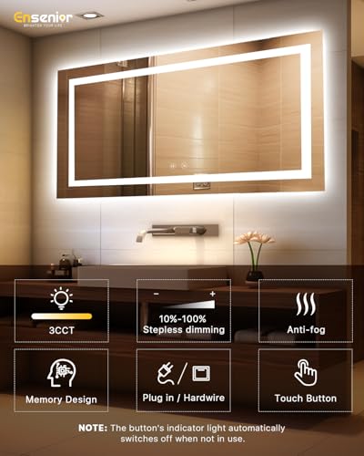Ensenior LED Bathroom Mirror 72"x36" with Front and Backlight, Stepless Dimmable Wall Mirrors with Anti-Fog, Shatter-Proof, Memory, 3 Colors, Modern LED Vanity Mirror-ETL & FCC