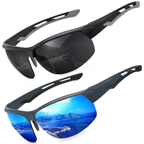 Missfive 2 Pack Mens Preferred Bifocal Sunglasses with Readers Built in Sporty Semi-Rimless Wrap Dark Reading Glasses UV400 Protection Adjustable Nose Pad Sun Reader for Outdoor/Driving +2.5