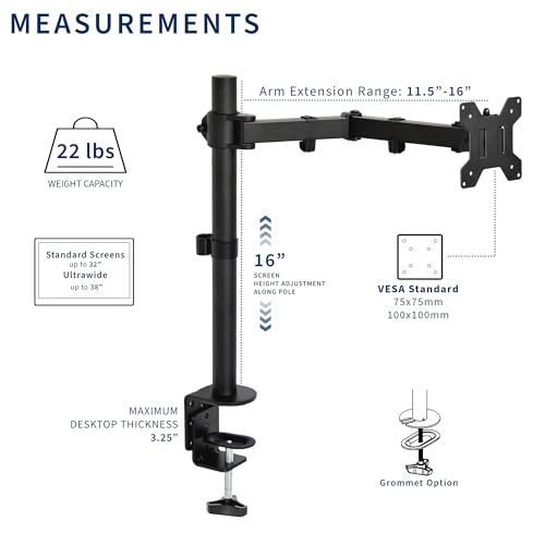 Image of VIVO Single 13 to 38 inch Ultrawide Monitor Arm Desk Mount, Regular Screens up to 32 inches, 22 lbs capacity, Fully Adjustable Stand with C-Clamp and Grommet Base, Black, STAND-V001