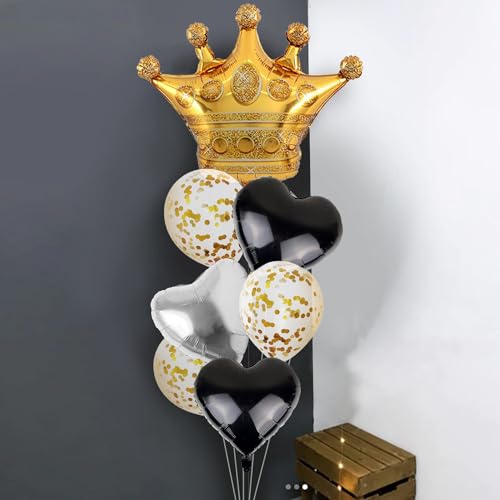 Party Propz Black Heart Shape Balloons Combo - 7Pcs Golden Crown Balloon, Valentine Balloons Decoration, Heart Shaped Balloons, Anniversary Decoration Items, Golden Crown Foil and Black Balloon