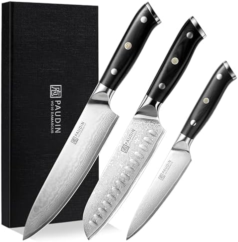 PAUDIN Damascus Knife Set 3 PCS, Kitchen Knife Set with Japanese ...