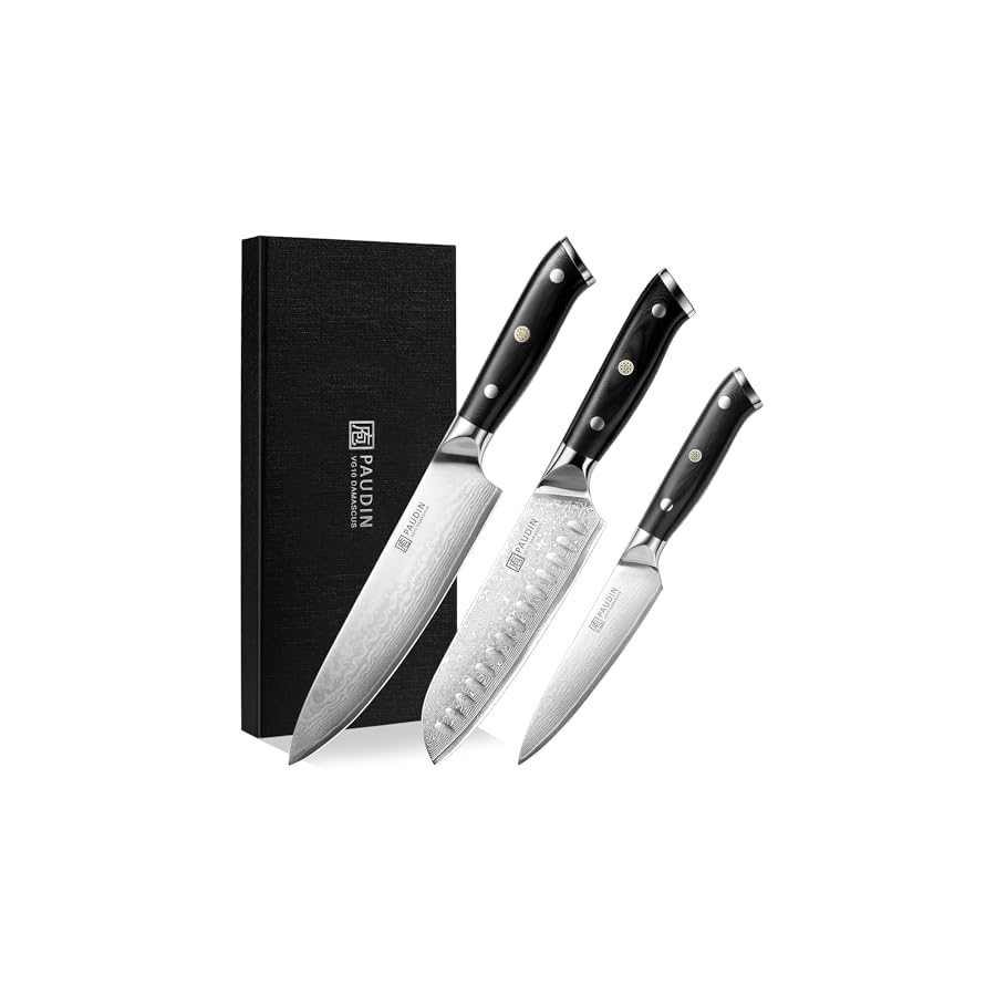 PAUDIN Damascus Knife Set 3 PCS, Kitchen Knife Set with Japanese VG10 Steel Core, Ultra Sharp Chef Knife Set with Full Tang G10 Handle, Damascus Kitchen Knives