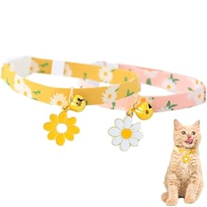 2 Pcs Kitten Collar with Bell, 18-30cm Adjustable Cat Collar Daisy Style with Quick Release Buckle, Cute Kitten Collar with Breakaway Flower Charms and Safety Buckle, Collars for Kittens and Puppies