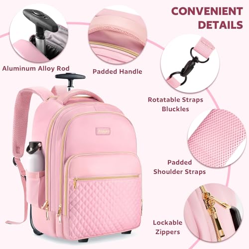 Rolling Backpack Carry On Luggage For Adults With Wheels, 40L Wheeled Backpack For Women, Travel Roller Backpack, Rolling Bag, Pink Gold, Pink, 20 inches, Rolling Backpack Carry on Luggage