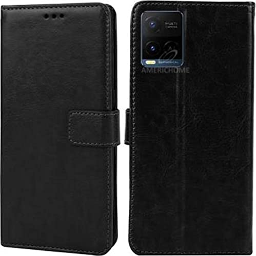 Image of Americhome Inside Rubber TPU with Card Pockets Magnetic Closure Protection Compatible with Vivo Y33S, V2109 (Black)