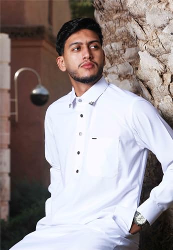 Thobe blanco para hombre: bata islámica tradicional de manga larga 3