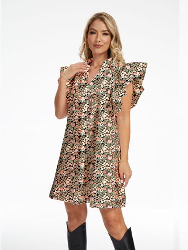 hibshaby Women's Floral Babydoll Mini Dress V-Neck Ruffle Sleeve Cute Dress Sundress Blue4