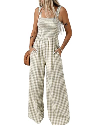 Dokotoo Maternity Jumpsuits for Women Summer Casual Overalls Loose Fit Wide Leg One Piece Sleeveless Smocked Gingham Striped Jumpsuit Long Pant Rompers Vacation Outfits with Pockets Green M