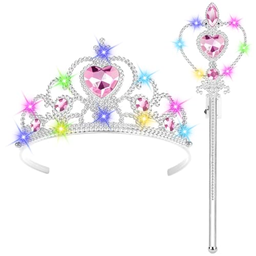 HOTUT Princesse Dress-Up Accessoires, 2 pièces Accessoires de Fête d'habillage de Princesse, avec LED Lumineux Diadème/Baguette Magique, Parfait pour...