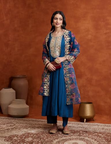 Image of Amazon Brand - Myx Women's Embroidered Anarkali Kurta Suit Set with Organza Dupatta | A-Line Fit (Available in Plus Sizes)