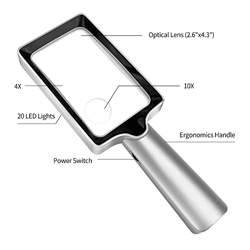 Magnifying Glass With Light, 4X 10X Silver Magnifier With 20 Anti-Glare And Dimmable Led Lights Provides Evenly-Lit Viewing Area For Low Vision Seniors #TOP1