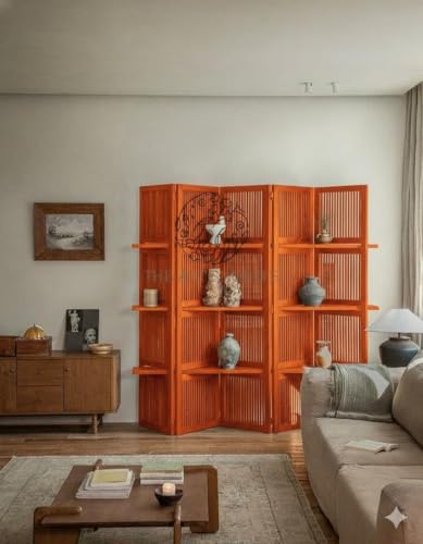 Image of Wooden Room Divider Partition Wall Privacy Divider Freestanding Folding Panels with 3 Display Shelves | Partition for Living Room, Bedroom & Office | (6 Feet 5 Panel Orange with Shelve)