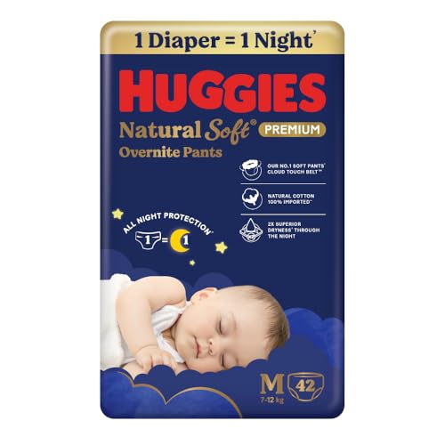 Image of Huggies Natural Soft Overnite Diaper Pants| Premium Pant Style Baby Diapers Medium Size (M Size | 7-12 Kgs), 42 count| Keeps baby dry all night with cloud softness all over