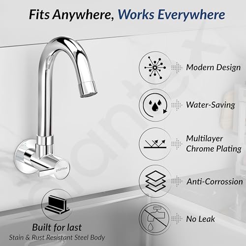 Image of Plantex Sink Taps for Kitchen Basin with Brass Spindle /Wall Mount Tap for Kitchen Sink with Wall Flange & Teflon Tape /Sink Cock Tap - Pack of 1 (Rio, Chrome)