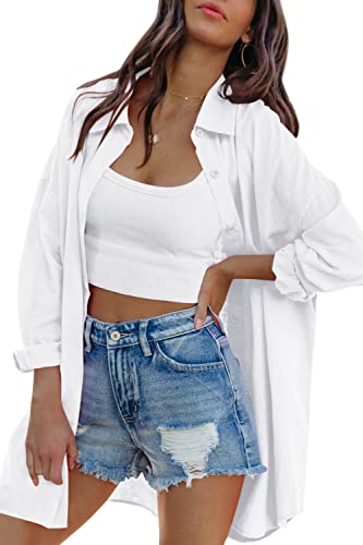 FSHAOES Womens Oversized Button Down Shirts Casual Loose Long Sleeve Solid Lapel Long Blouses Tops with Pockets2