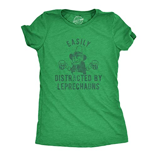 Womens Easily Distracted by Leprechauns T Shirt Funny Saint Patrick's Day Parade Novelty Graphic Tee for Ladies Funny T Shirts Saint Patrick's Day Tops for Green - L