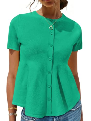 Image of Saodimallsu Womens Short Sleeve Cardigans Ruffle Button Down Crew Neck Peplum Babydoll Knit Sweater Tops