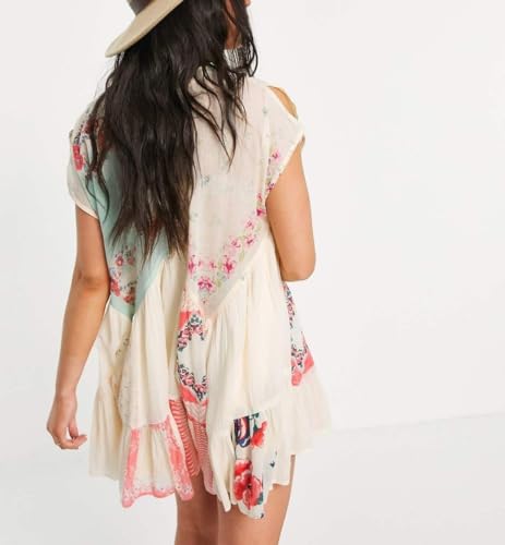 Image of Women Floral Mini Dress Y2k Deep V Neck Puff Sleeve Flowy Short Dress 2025 Summer Boho Beach Vacation Sundress (Apricot,M)