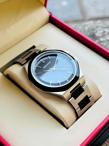 Image of AMERICANVIBER Modern Analog Watch, Silver and Black Two-Tone Stainless Steel Band, Octagonal Case, White Dial for Men