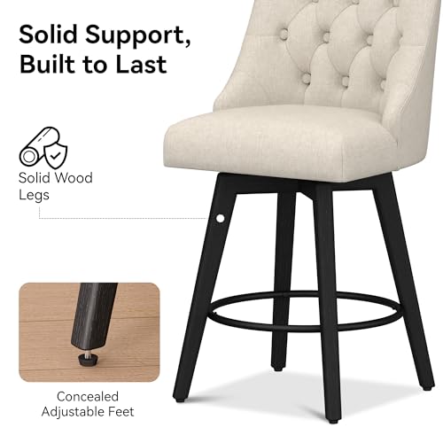 Image of Swivel Counter Height Bar Stool with Back, 26 inch H Seat Height Upholstered Fabric Counter Stool for Kitchen Island, Fabric in Flax Beige