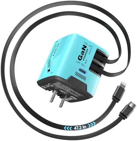 W & O Fast Charger for iPhone17/16/15,60W gan Charger,Retractable Phone Charger Wall Plug with Lightening and Type-C Cables,for iPhone Series, Galaxy S25/24,Android and More(Blue)