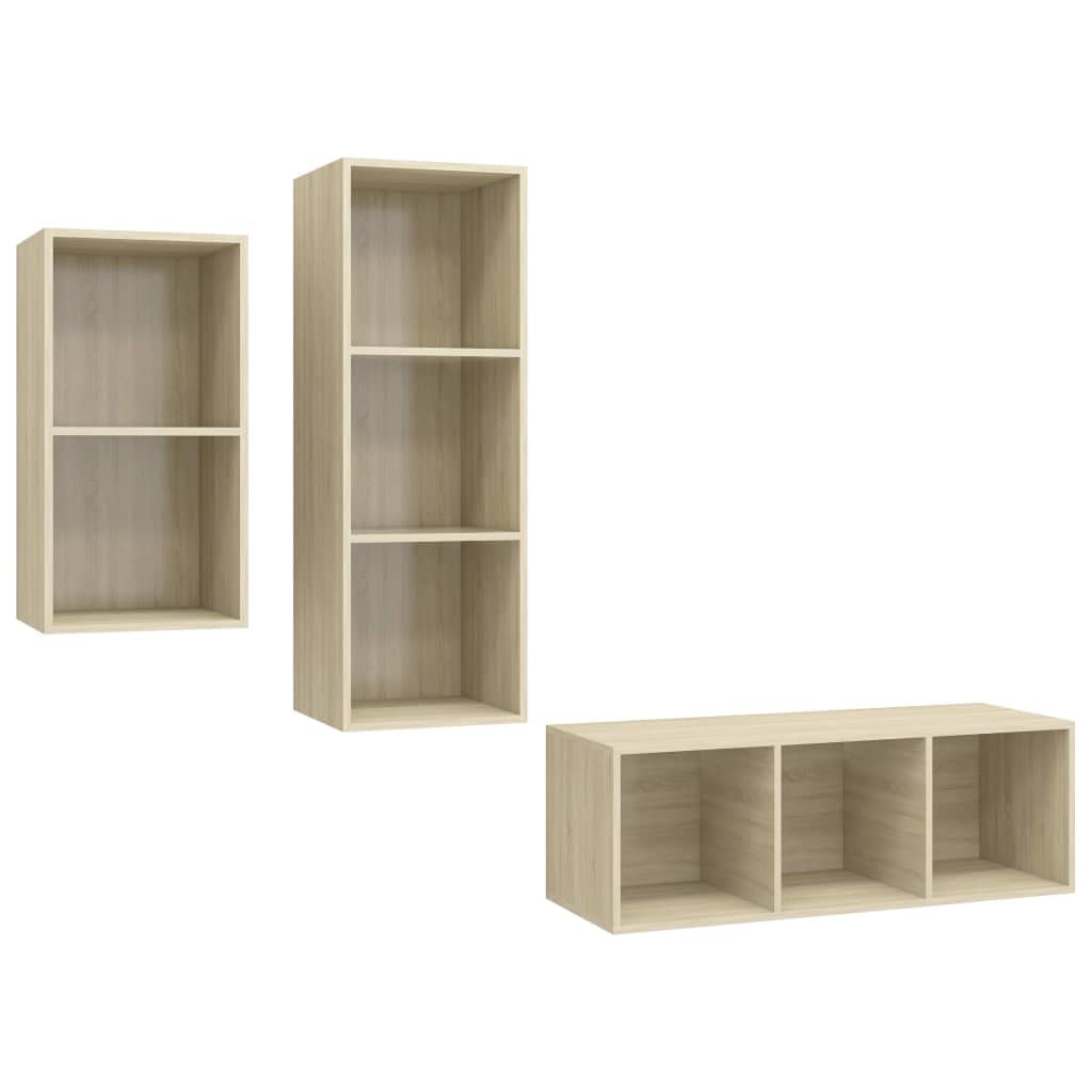 3-TLG. TV-Schrank-Set Sonoma-Eiche, Holzwerkstoff, Hängend, Modernes Media-Center für Wohnzimmer, Schlafzimmer, 37x37x107cm