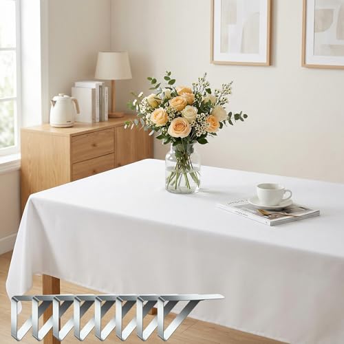 VIRETH HAUS Tischdecke Abwaschbar Weiß Eckig 140x240 cm mit 8 Tischdeckenklammern Polyester Tischtuch Wasserabweisend Kratzschutz Tischdecken für Esstisch Balkon Camping Hochzeit & Bankett