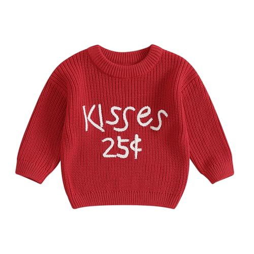 Toddler Baby Girl Outfits Kisses 25 Cents Embroidery Long Sleeve Knit Sweater Pullover Spring Tops (Red, 6-12 Months)